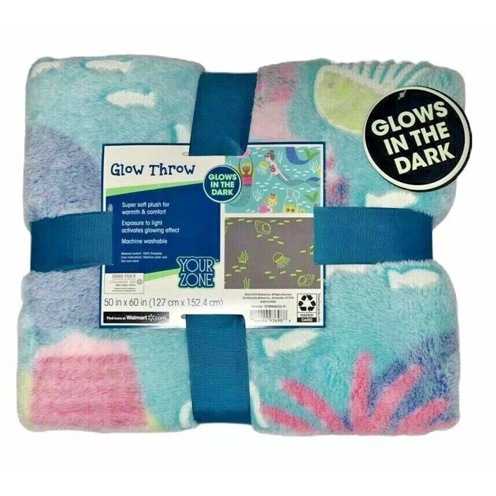NEW Your‎ Zone Glow In The Dark Plush Fleece Teal Mermaid Throw Blanket 50 x 60